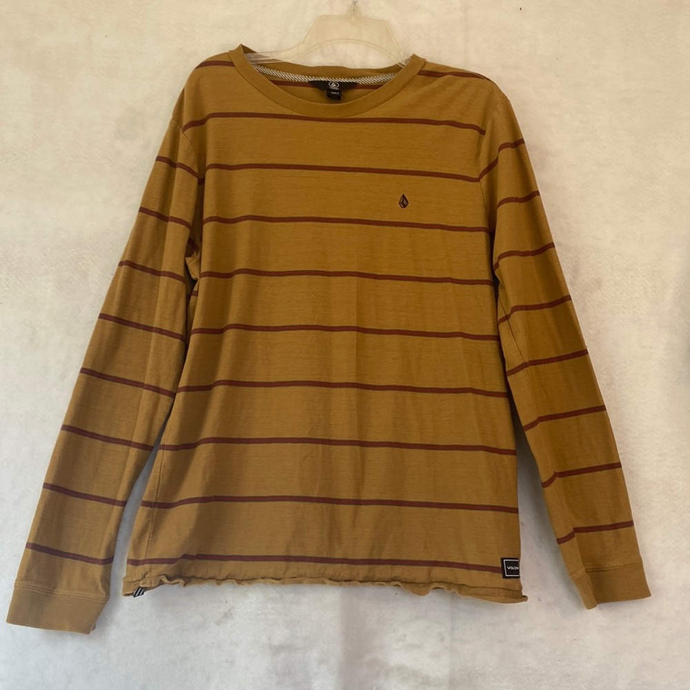 Volcom Burgundy & Mustard Stripe Long Sleeve Crewneck Tee 100% Cotton